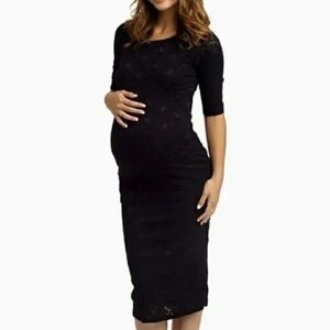 PinkBlush maternity black lace fitted lined knee length 3/4 sleeve dress medium